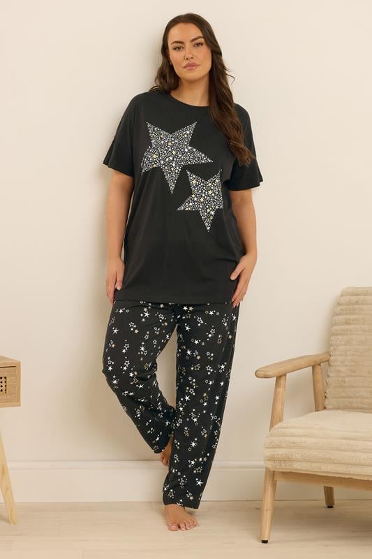 evans YOURS Curve Black Star Print Wide Leg Pyjama Set