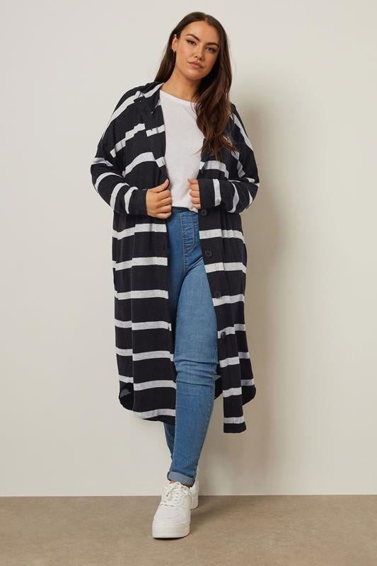 Evans YOURS Curve Black Stripe Hooded Maxi Cardigan
