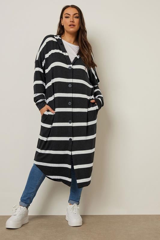 evans YOURS Curve Black Stripe Hooded Maxi Cardigan