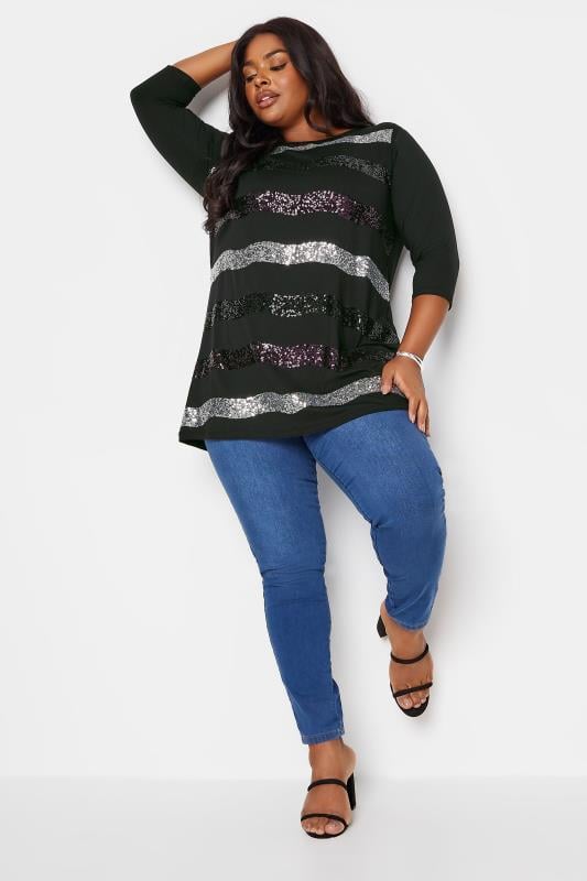 Evans YOURS Curve Black Stripe Sequin Embellished Top