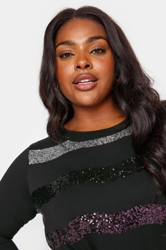 Evans YOURS Curve Black Stripe Sequin Embellished Top