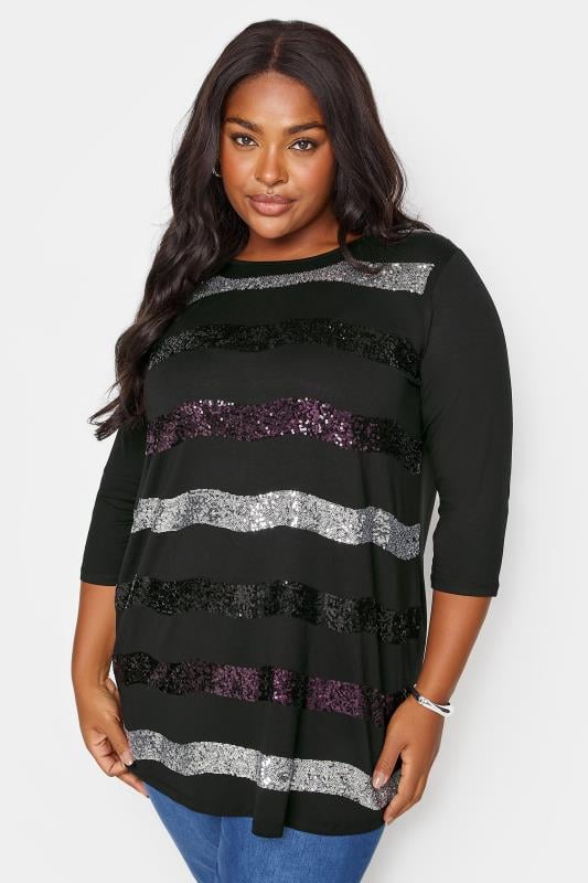 evans YOURS Curve Black Stripe Sequin Embellished Top