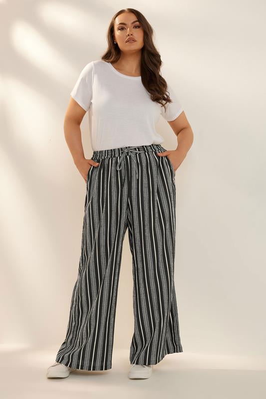 Evans YOURS Curve Black Stripe Textured Wide Leg Trousers