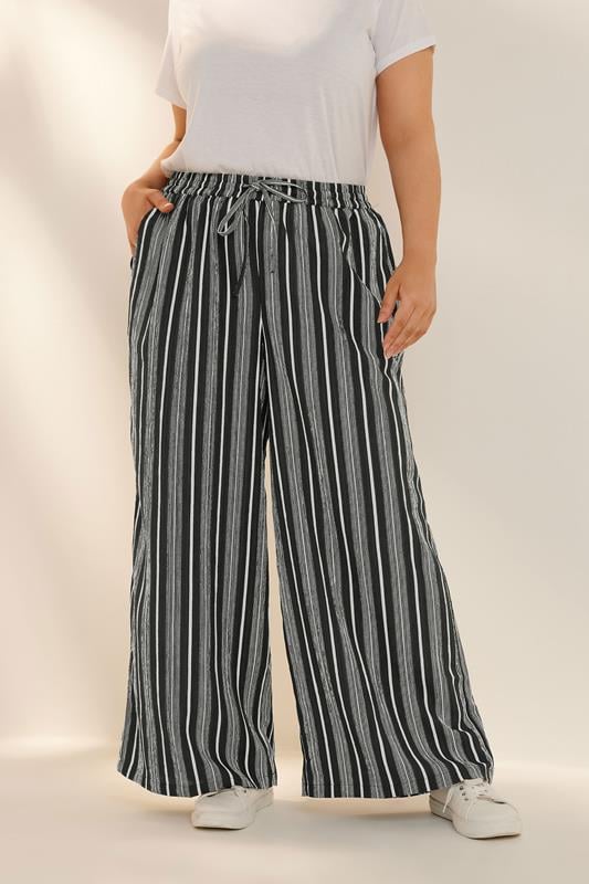 evans YOURS Curve Black Stripe Textured Wide Leg Trousers