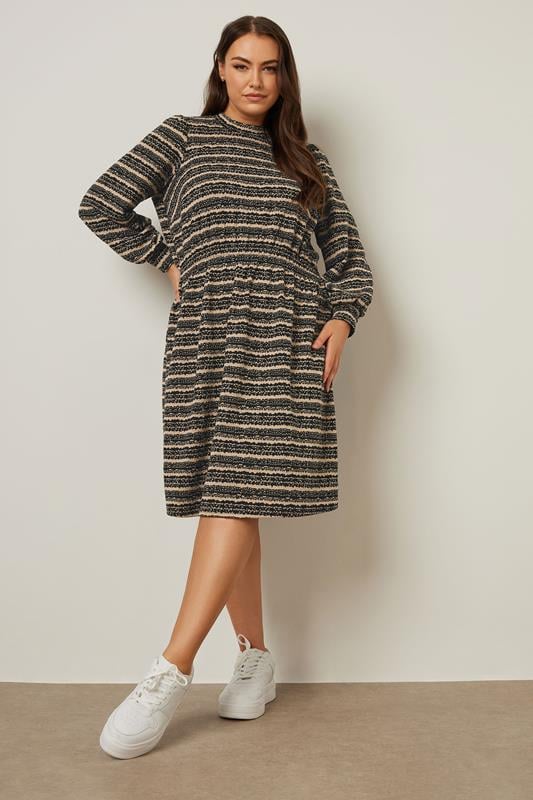 Evans YOURS Curve Black Striped Ribbed High Neck Midi Dress