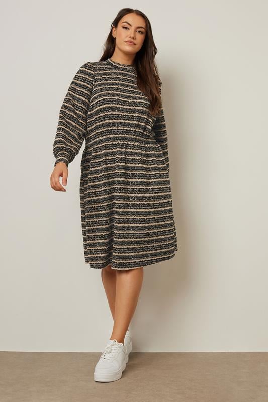 Evans YOURS Curve Black Striped Ribbed High Neck Midi Dress