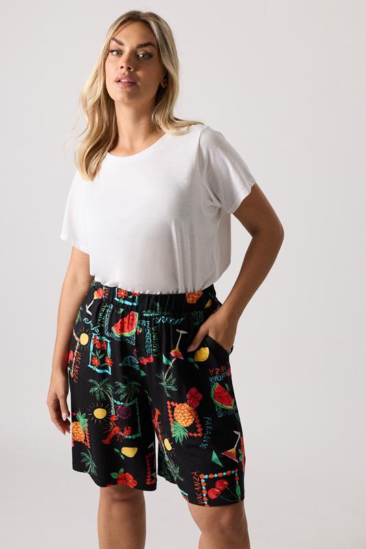 evans YOURS Curve Black Summer Postcard Print Shorts