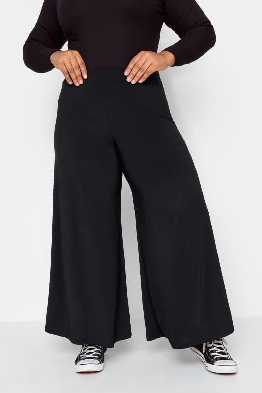 evans YOURS Curve Black Super Wide Leg Stretch Palazzo Trousers