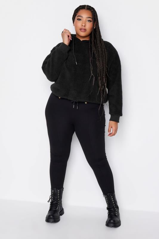 Evans YOURS Curve Black Teddy Cropped Fleece Hoodie