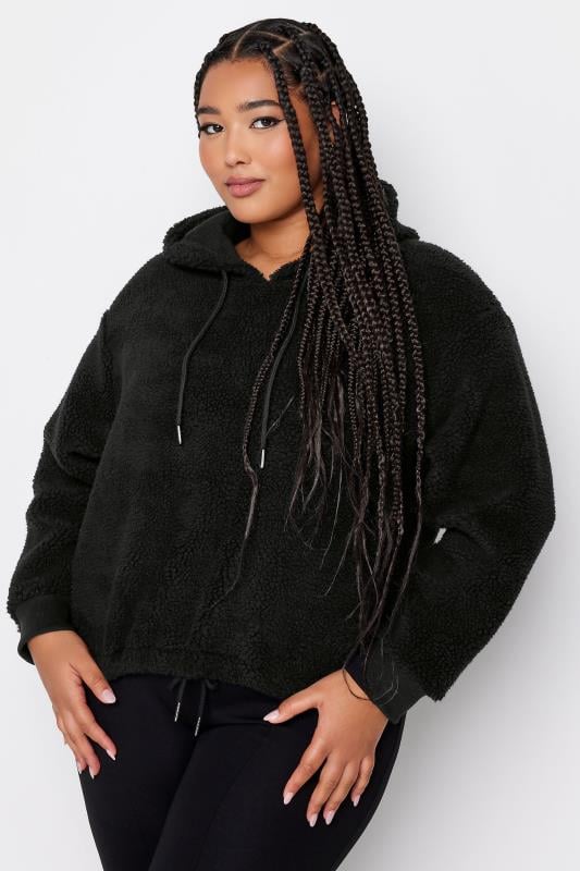evans YOURS Curve Black Teddy Cropped Fleece Hoodie