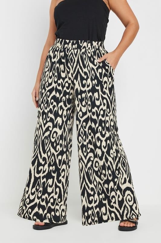 evans YOURS Curve Black Textured Abstract Print Wide Leg Trousers