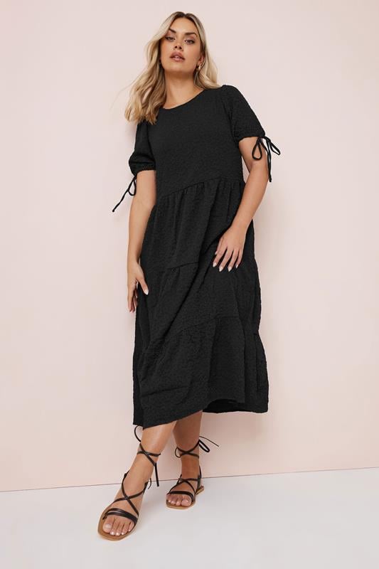 Evans YOURS Curve Black Textured Ditsy Floral Tie Back Dress