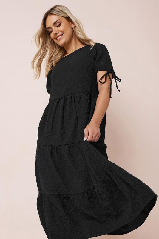 evans YOURS Curve Black Textured Ditsy Floral Tie Back Dress