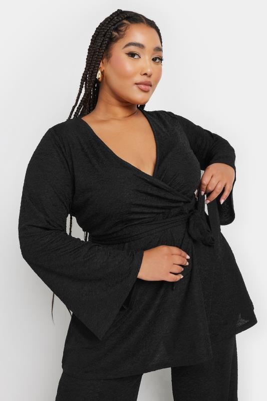 Evans YOURS Curve Black Textured Flare Sleeve Wrap Top