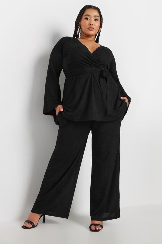 Evans YOURS Curve Black Textured Flare Sleeve Wrap Top