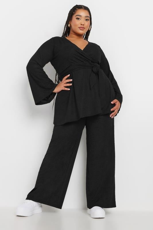 Evans YOURS Curve Black Textured Flare Sleeve Wrap Top