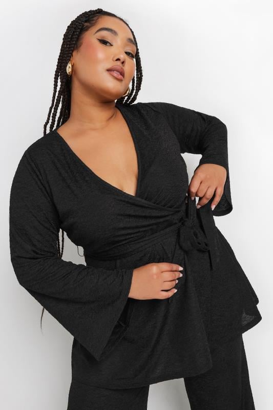 evans YOURS Curve Black Textured Flare Sleeve Wrap Top