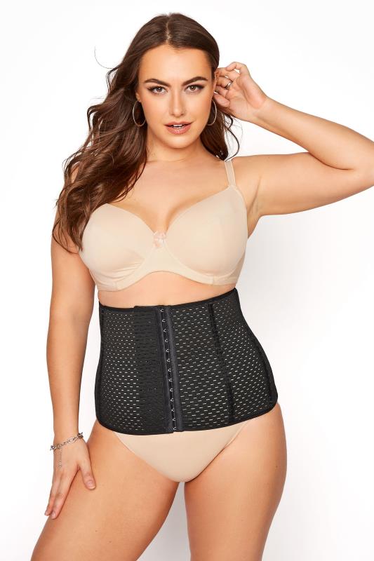 evans YOURS Curve Black Textured Mesh Hook & Eye Control Belly Band