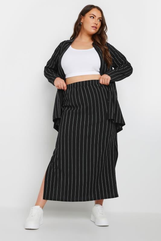 Evans YOURS Curve Black Textured Pinstripe Maxi Skirt
