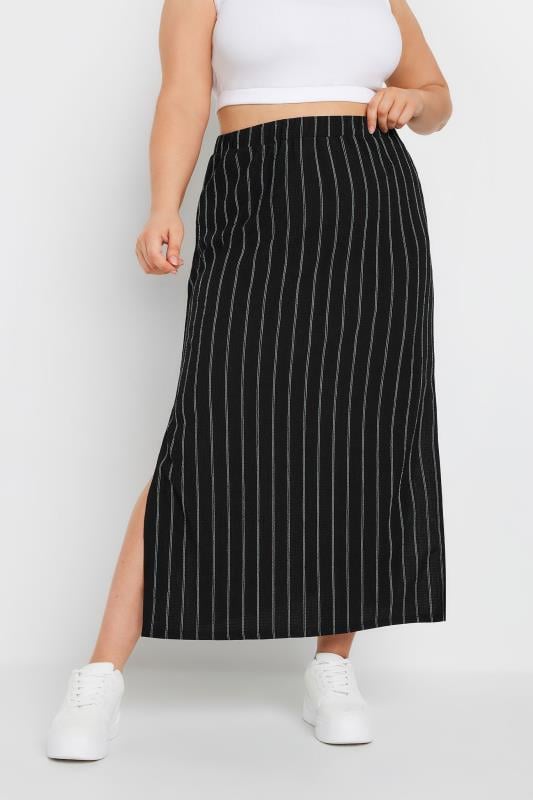 evans YOURS Curve Black Textured Pinstripe Maxi Skirt