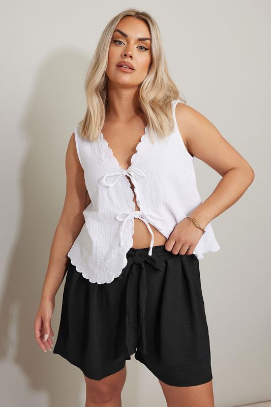 evans YOURS Curve Black Textured Satin Belted Shorts