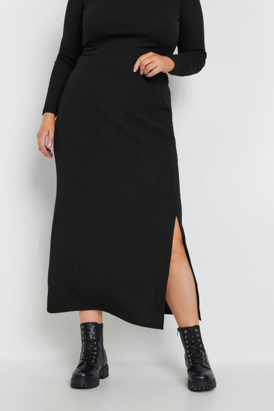 evans YOURS Curve Black Textured Side Split Maxi Skirt