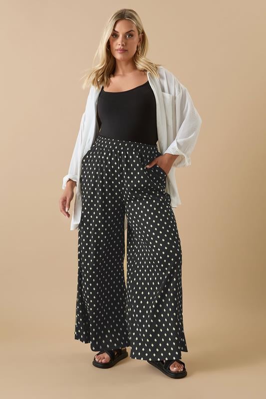 Evans YOURS Curve Black Textured Spot Print Wide Leg Trousers