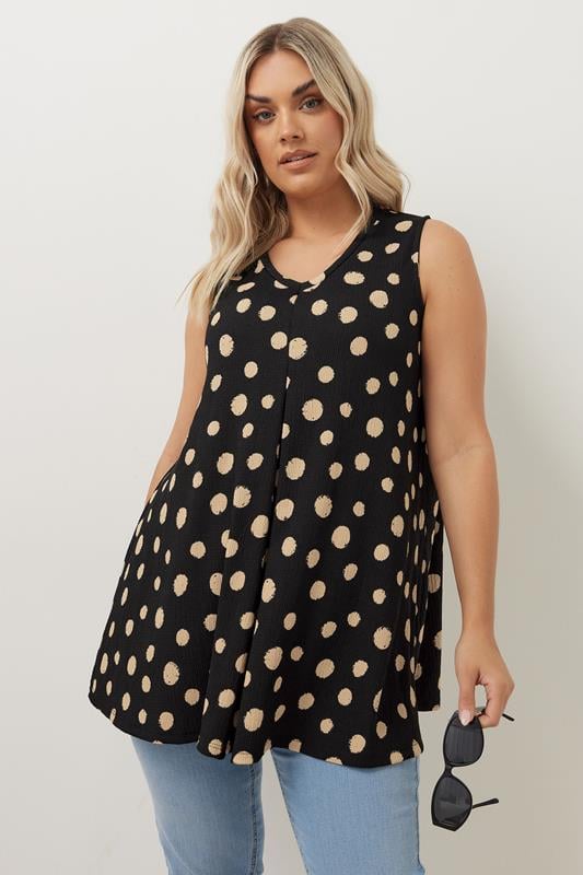 evans YOURS Curve Black Textured Spot Swing Vest Top