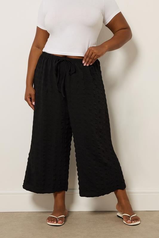 evans YOURS Curve Black Textured Tie Waist Culottes