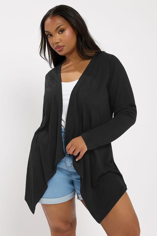 evans YOURS Curve Black Textured Waterfall Cardigan