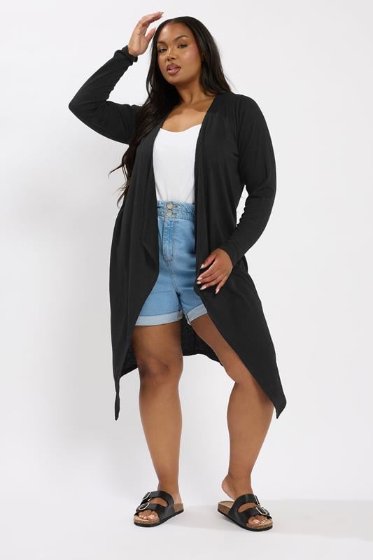 Evans YOURS Curve Black Textured Waterfall Midaxi Cardigan