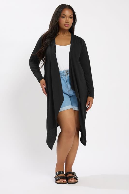 evans YOURS Curve Black Textured Waterfall Midaxi Cardigan