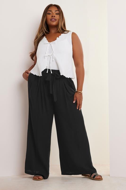 Evans YOURS Curve Black Tie Waist Crinkle Wide Leg Trousers