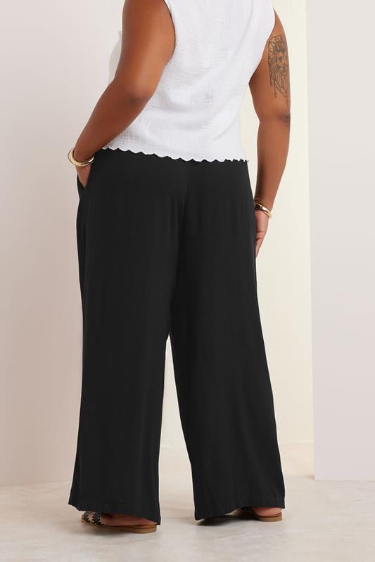 Evans YOURS Curve Black Tie Waist Crinkle Wide Leg Trousers