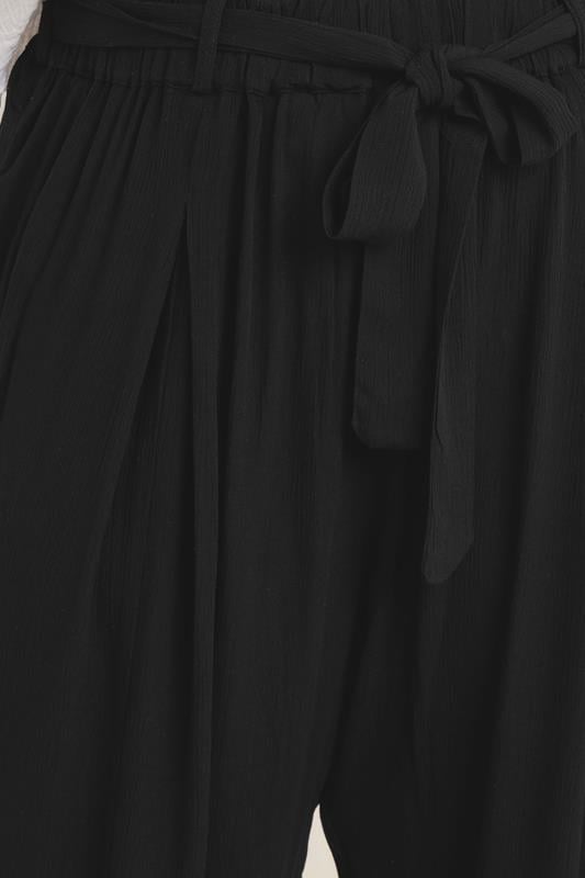 Evans YOURS Curve Black Tie Waist Crinkle Wide Leg Trousers