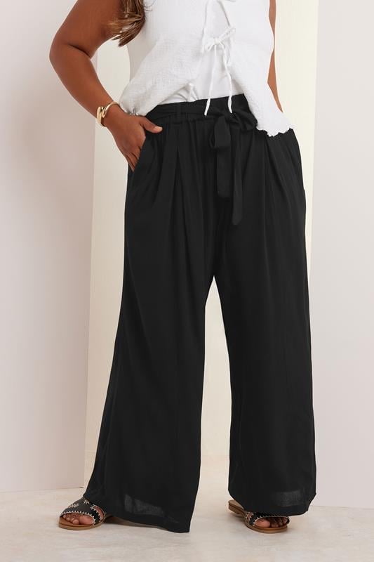 evans YOURS Curve Black Tie Waist Crinkle Wide Leg Trousers