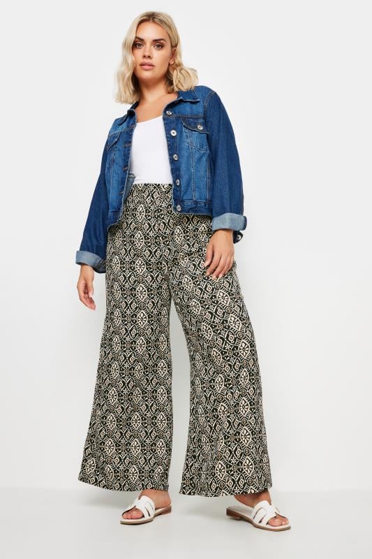 evans YOURS Curve Black Tile Print Textured Wide Leg Trousers