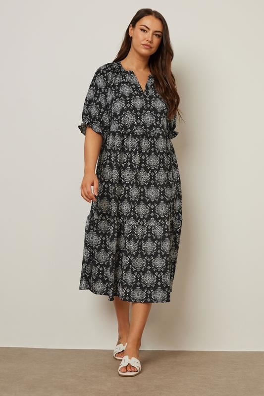 Evans YOURS Curve Black Tile Print Tiered Midi Dress