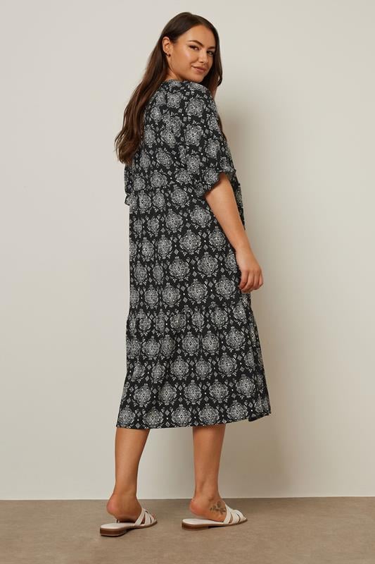 Evans YOURS Curve Black Tile Print Tiered Midi Dress