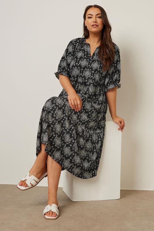 evans YOURS Curve Black Tile Print Tiered Midi Dress
