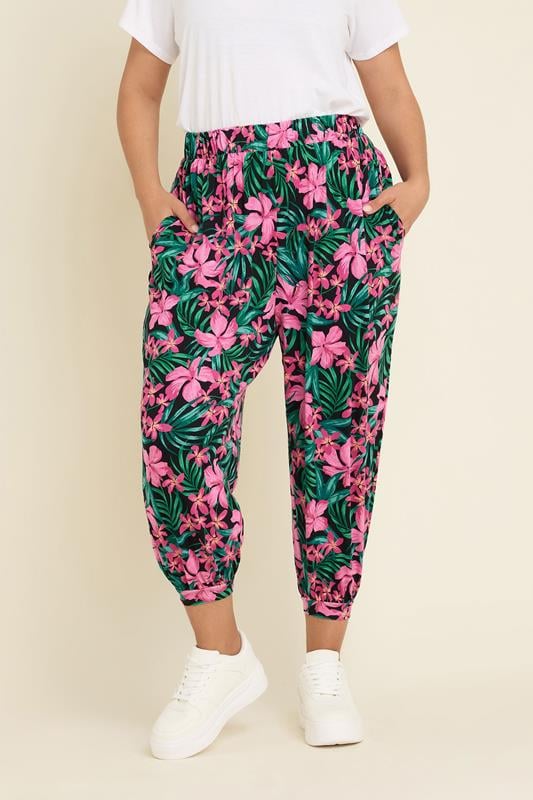 Evans YOURS Curve Black Tropical Floral Print Cropped Harem Trousers