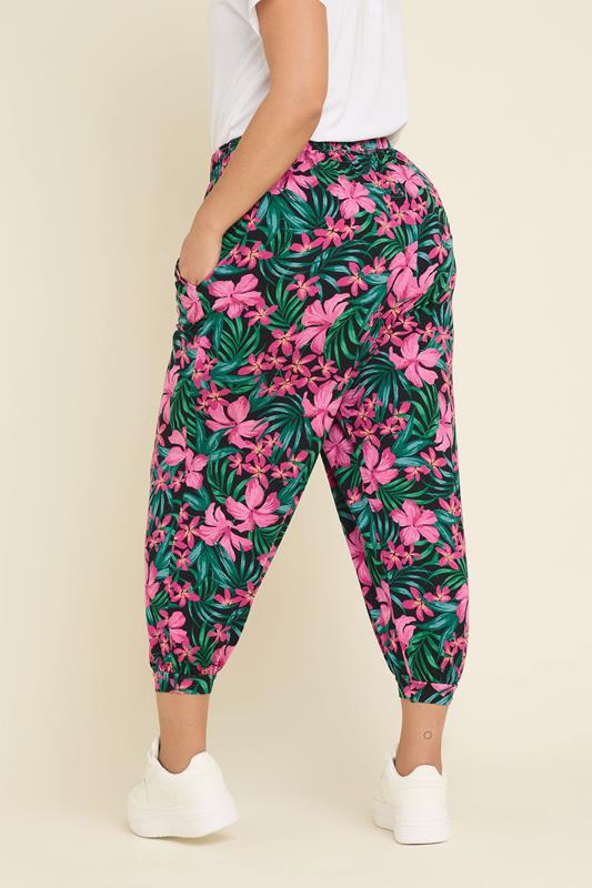 Evans YOURS Curve Black Tropical Floral Print Cropped Harem Trousers