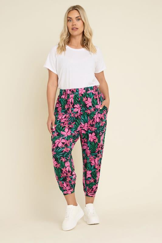 evans YOURS Curve Black Tropical Floral Print Cropped Harem Trousers