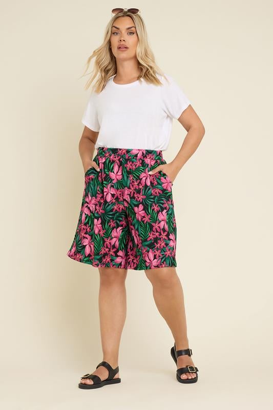 Evans YOURS Curve Black Tropical Floral Print Jersey Shorts