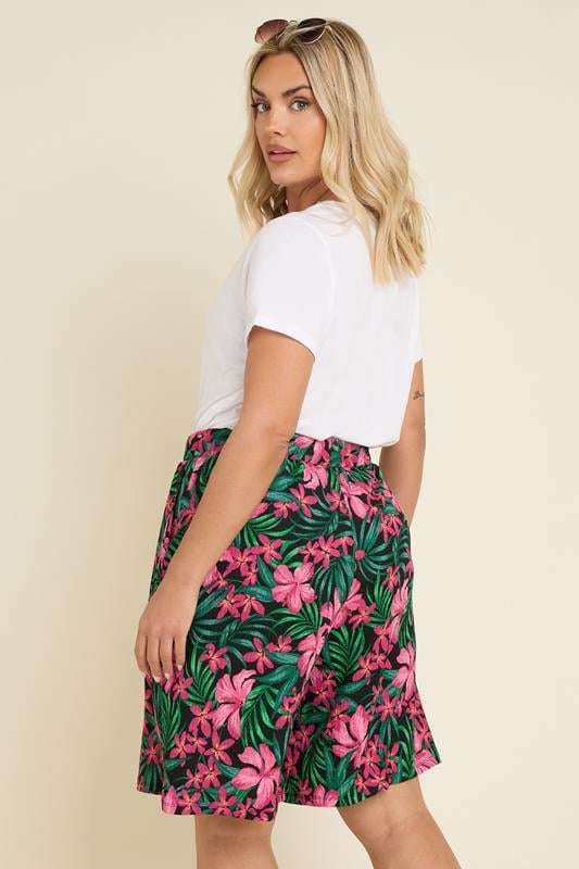 Evans YOURS Curve Black Tropical Floral Print Jersey Shorts