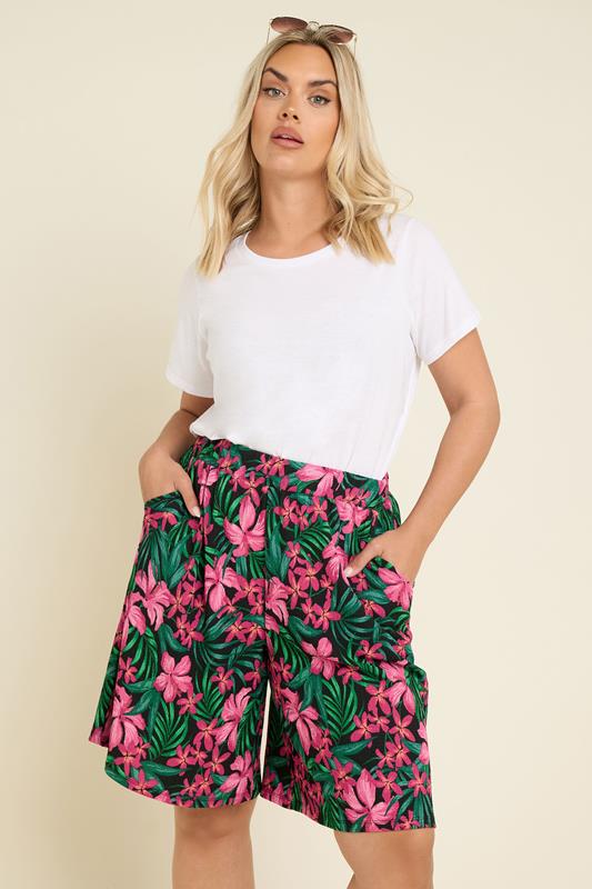evans YOURS Curve Black Tropical Floral Print Jersey Shorts