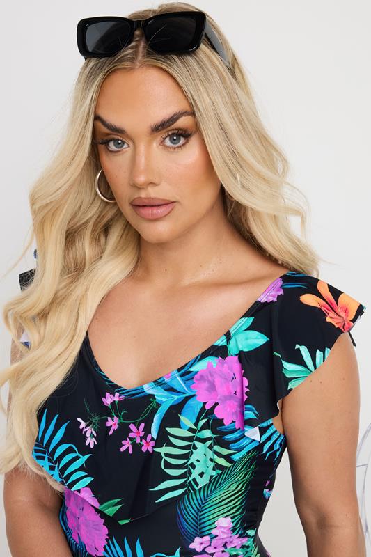 Evans YOURS Curve Black Tropical Palm Print Frilled Premium Swimsuit