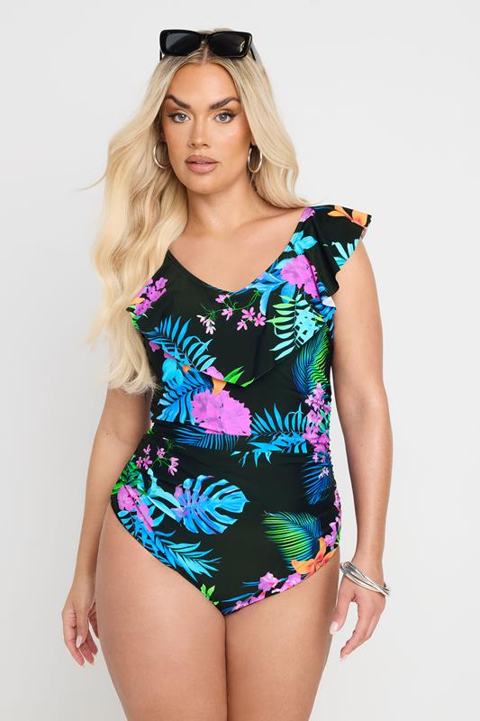 evans YOURS Curve Black Tropical Palm Print Frilled Premium Swimsuit