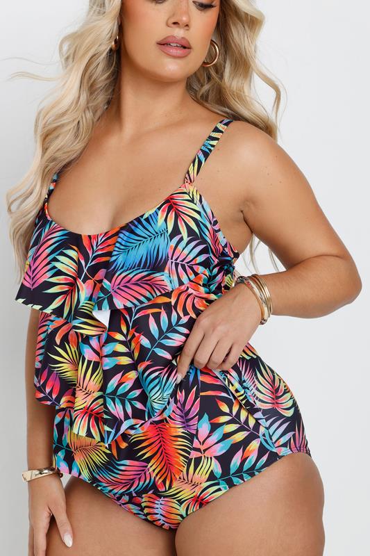 Evans YOURS Curve Black Tropical Print Frill Swimsuit