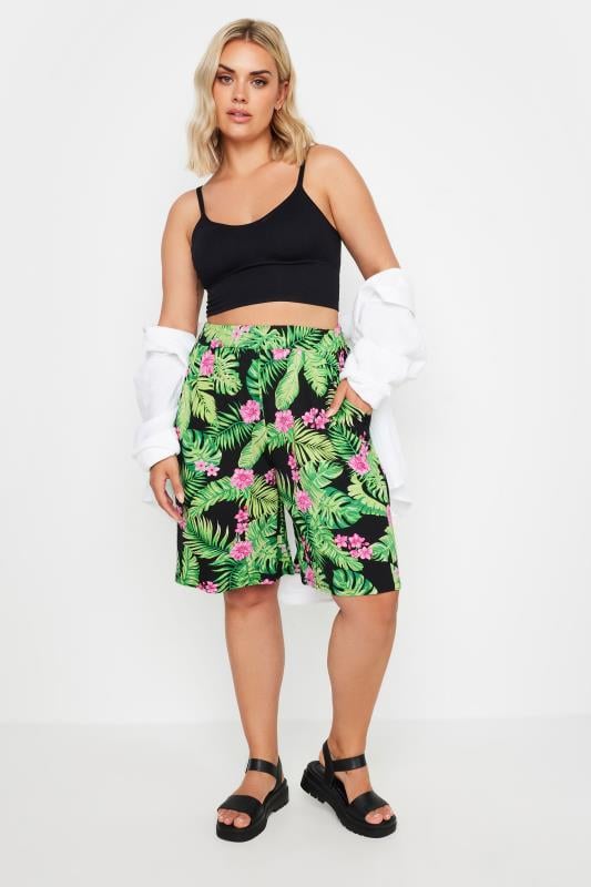 Evans YOURS Curve Black Tropical Print Jersey Pull On Shorts
